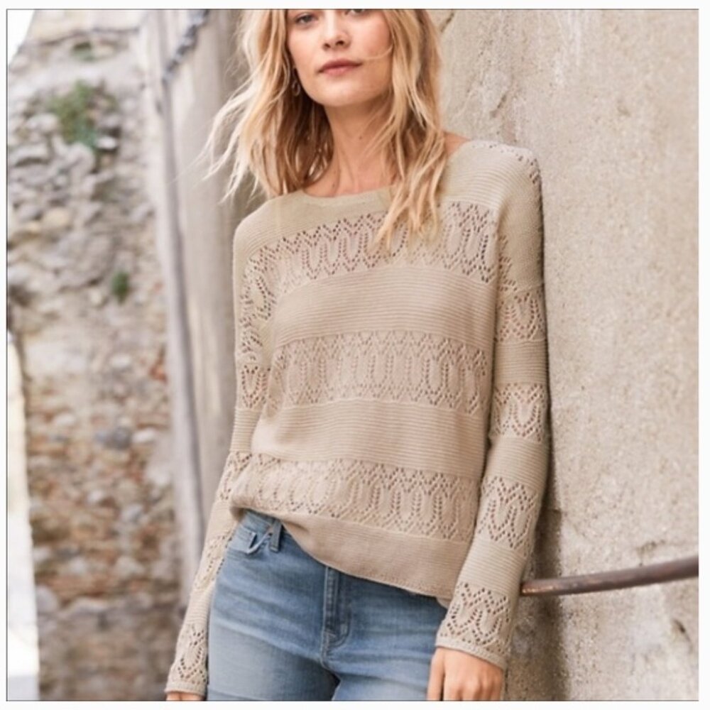 Garnet Hill Linen & Organic Cotton Pullover Sweater Size Small Ivory Cream Knit